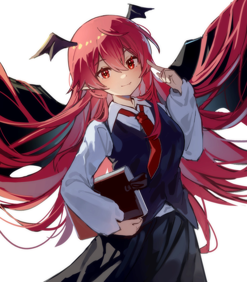 1girl bat_wings black_skirt black_vest book breasts closed_mouth cowboy_shot dot_nose fang fang_out floating_hair hair_between_eyes hair_flowing_over hand_up head_wings highres holding holding_book index_finger_raised koakuma light_blush light_smile long_hair long_sleeves looking_at_viewer maisuiren medium_breasts necktie red_eyes red_hair red_necktie skirt skirt_set solo spread_wings touhou very_long_hair vest wing_collar wings