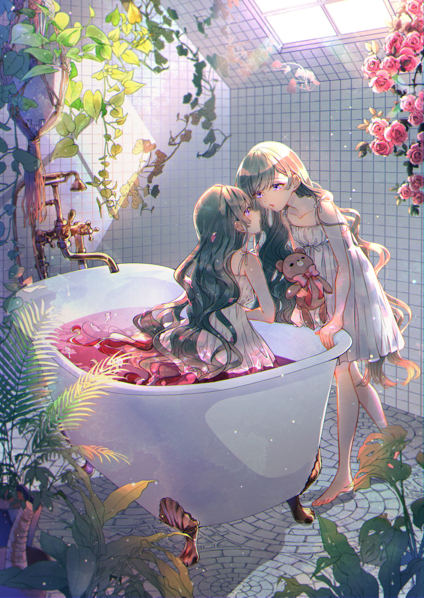 2girls absurdres barefoot bathtub bow bowtie chilcy35 clothed_bath commentary_request dress flower green_hair highres holding holding_stuffed_toy imminent_kiss incest light_rays long_hair looking_at_another multiple_girls nature original pink_flower pink_rose plant purple_eyes rose siblings sisters stuffed_animal stuffed_toy teddy_bear tile_floor tiles twins very_long_hair wavy_hair white_dress yuri