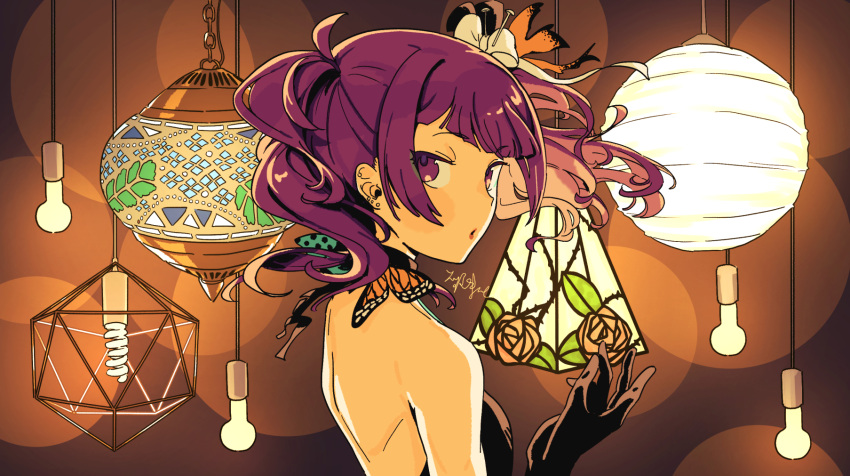 1girl back backless_dress backless_outfit bare_back bare_shoulders black_dress black_gloves choker dress earrings elbow_gloves flower from_behind from_side gloves hair_ornament halterneck highres idolmaster idolmaster_shiny_colors indoors jewelry kakuzato lamp lantern long_hair looking_at_viewer looking_back looking_to_the_side parted_lips purple_eyes purple_hair rose signature solo strapless strapless_dress tanaka_mamimi twintails upper_body
