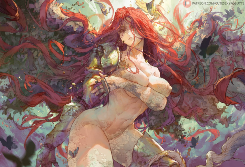 1girl armor breasts closed_mouth covering covering_breasts cutesexyrobutts elden_ring large_breasts long_hair looking_at_viewer malenia_blade_of_miquella mechanical_arms navel prosthesis prosthetic_arm prosthetic_leg red_hair shoulder_armor single_mechanical_arm solo thick_thighs thigh_armor thighs very_long_hair