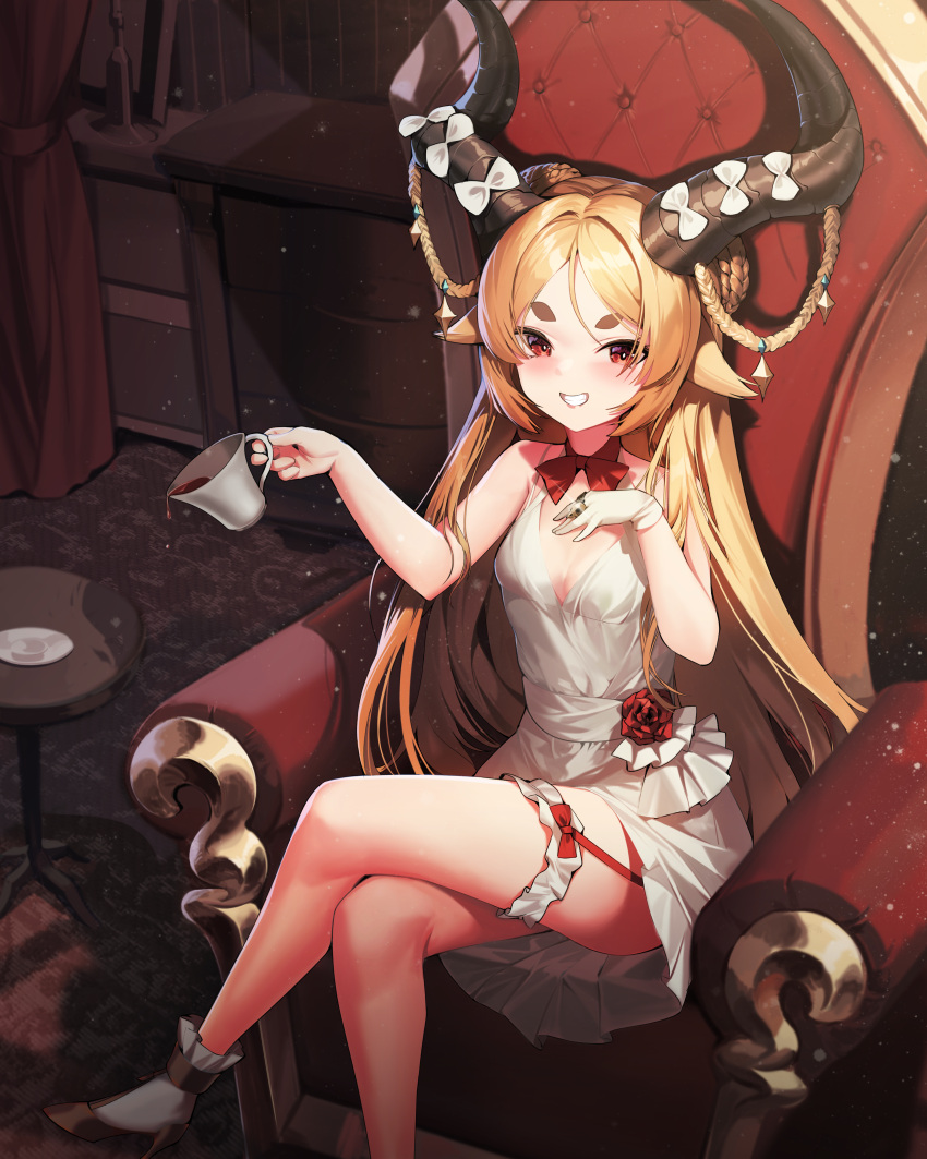 1girl absurdres armchair baphomet_(echocalypse) bare_legs blonde_hair blush boots bow bowtie braid breasts bridal_garter chair cleavage commentary crossed_legs cup curled_horns dress echocalypse flower foot_out_of_frame garter_straps gloves grin high_heel_boots high_heels highres holding holding_cup horn_bow horn_ornament horns indoors jewelry long_hair looking_at_viewer mug red_bow red_bowtie red_curtains red_eyes red_flower ring single_glove sitting sleeveless sleeveless_dress small_breasts smile solo sparkle table thick_eyebrows unidentified_nk white_bow white_dress white_footwear