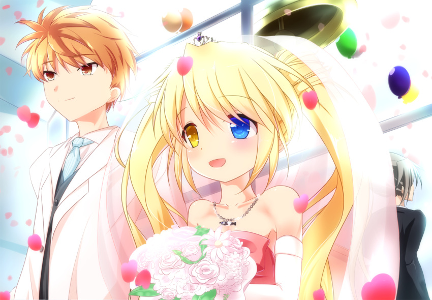 1girl 2boys :d balloon bare_shoulders bell blonde_hair blue_eyes blue_necktie blush bouquet bridal_veil church closed_mouth collarbone commentary_request confetti couple detached_sleeves dress fish_ornament flower hair_between_eyes happy hetero heterochromia holding holding_bouquet jewelry long_hair long_sleeves looking_afar multiple_boys nakatsu_shizuru necklace necktie open_mouth orange_eyes orange_hair rewrite rose short_hair smile spiked_hair standing suit tagame_(tagamecat) tennouji_kotarou twintails upper_body veil wedding wedding_dress white_flower white_rose white_sleeves white_suit yellow_eyes yoshino_haruhiko