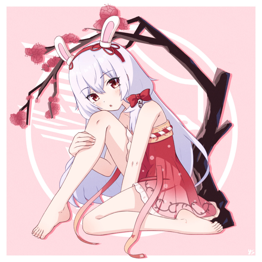 1girl animal_ears armpit_crease azur_lane bare_legs bare_shoulders barefoot blush brown_eyes cherry_blossoms collarbone commentary crossed_bangs dress eyelashes fake_animal_ears feet hair_between_eyes hairband highres knee_up laffey_(azur_lane) legs light_purple_hair long_hair open_mouth pink_background pleated_dress rabbit_ears red_dress red_hairband short_dress sidelocks solo strapless strapless_dress toenails toes tree yashi_(hayashiki0404)