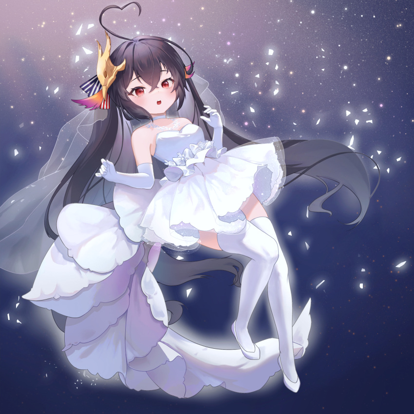 1girl absurdres ahoge azur_lane bare_shoulders black_hair blush bridal_veil crossed_bangs dress elbow_gloves full_body gloves hair_between_eyes hands_up heart heart_ahoge highres long_hair mask mask_on_head mohairu_(hhooaann) open_mouth red_eyes solo taihou-chan_(azur_lane) teeth thighhighs twintails upper_teeth_only veil very_long_hair wedding_dress white_dress white_footwear white_gloves white_thighhighs