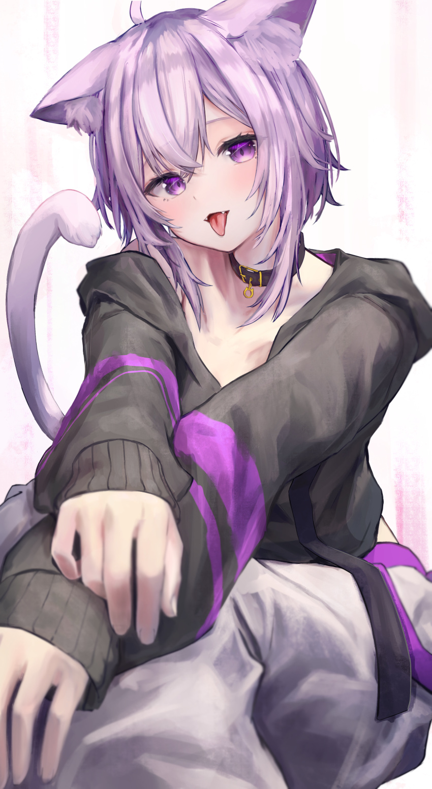 1girl absurdres ahoge animal_ear_fluff animal_ears black_collar black_hoodie cat_ears cat_girl cat_tail collar collarbone commentary_request crossed_bangs double-parted_bangs hair_between_eyes hands_on_own_knees head_tilt highres hinataaoi_(iraiuketsukechuu) hololive hood hood_down hoodie long_sleeves looking_at_viewer nekomata_okayu nekomata_okayu_(1st_costume) pants puffy_long_sleeves puffy_sleeves purple_eyes simple_background sitting solo tail tongue tongue_out virtual_youtuber white_background white_pants