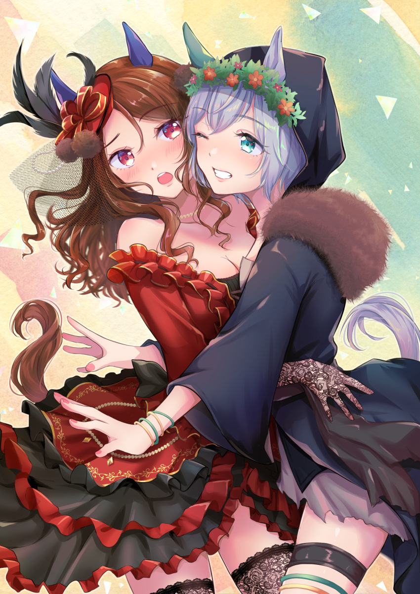 2girls absurdres animal_ears black_thighhighs blue_eyes breasts chizoku_sawa cleavage cloak commission dress ear_covers eye_contact fantasy_world_umanest_(umamusume) frilled_dress frills glomp grey_hair highres horse_ears horse_girl horse_tail hug king_halo_(take_part_in_a_waltz_this_evening)_(umamusume) lace-trimmed_legwear lace-trimmed_thighhighs lace_trim long_sleeves looking_at_another multiple_girls red_dress seiun_sky_(let's_dye_the_country_red_tomorrow)_(umamusume) seiun_sky_(umamusume) short_dress short_hair skeb_commission tail thighhighs umamusume