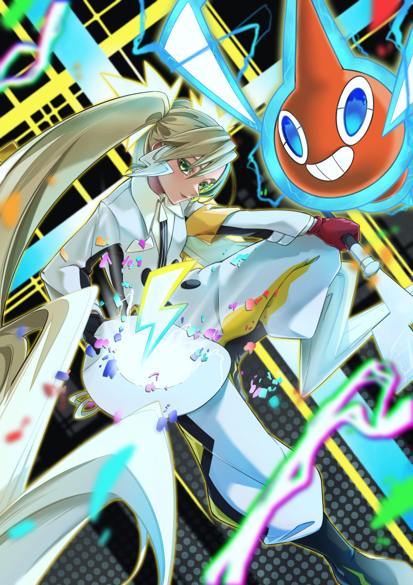 1girl absurdres armband black_footwear black_necktie blonde_hair blurry boots colored_eyelashes commentary_request electricity eyelashes gloves green_eyes hatsune_miku highres holding jumpsuit long_hair necktie parted_lips pokemon pokemon_(creature) project_voltage red_gloves rotom rotom_(normal) sidelocks smile taiju_(gr09kuma) twintails vocaloid white_jumpsuit