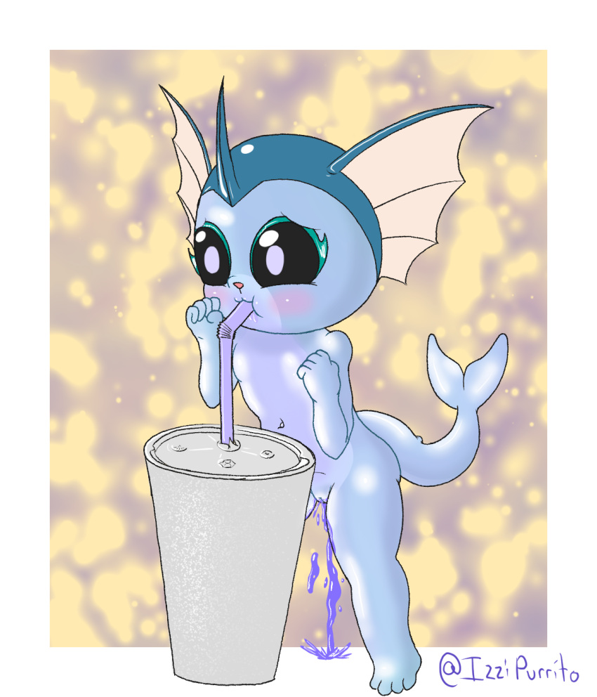anthro beverage bright_light container cup drinking eeveelution female fin generation_1_pokemon genitals glistening glistening_body hi_res horn izzipurrito light_underbelly mcdonald's milkshake navel nintendo nude open_mouth peeing pokemon pokemon_(species) purple_body pussy simple_background solo standing straw_in_mouth tagme tail thick_thighs vaporeon young