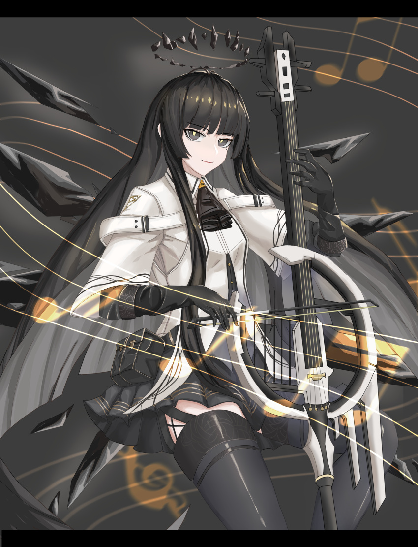 1girl absurdres antenna_hair arknights ascot belt belt_buckle belt_pouch black_ascot black_belt black_bustier black_eyes black_garter_straps black_gloves black_hair black_halo black_pouch black_skirt black_thighhighs black_wings blunt_bangs blurry blurry_background blurry_foreground bow_(music) breasts broken_halo buckle bustier buttons cello closed_mouth collared_jacket commentary cowboy_shot dark_halo depth_of_field detached_wings east energy_wings garter_straps gloves grey_background grey_shirt halo hands_up highres hime_cut holding holding_bow_(music) holding_instrument holding_violin instrument jacket layered_sleeves leg_up light_smile lips long_hair long_sleeves looking_at_viewer makeup miniskirt mole mole_under_eye music musical_note outstretched_hand pale_skin playing playing_instrument pleated_skirt pouch red_lips shirt short_over_long_sleeves short_sleeved_jacket short_sleeves sidelocks skirt small_breasts solo staff_(music) standing standing_on_one_leg thighhighs very_long_hair violin virtuosa_(arknights) white_jacket wide_sleeves wing_collar wings zettai_ryouiki