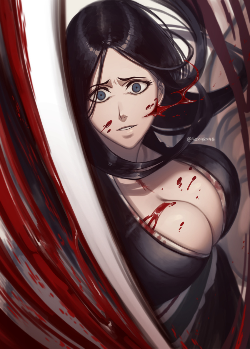 1girl 50x48x48 alternate_hairstyle black_hair black_kimono bleach bleach:_the_thousand-year_blood_war blood blood_on_breasts blood_on_clothes blood_on_face blue_eyes breasts cleavage crazy_eyes haori highres holding holding_sword holding_weapon japanese_clothes kimono large_breasts long_hair looking_at_viewer open_mouth parted_bangs parted_lips solo sword taichou_haori twitter_username unohana_retsu weapon