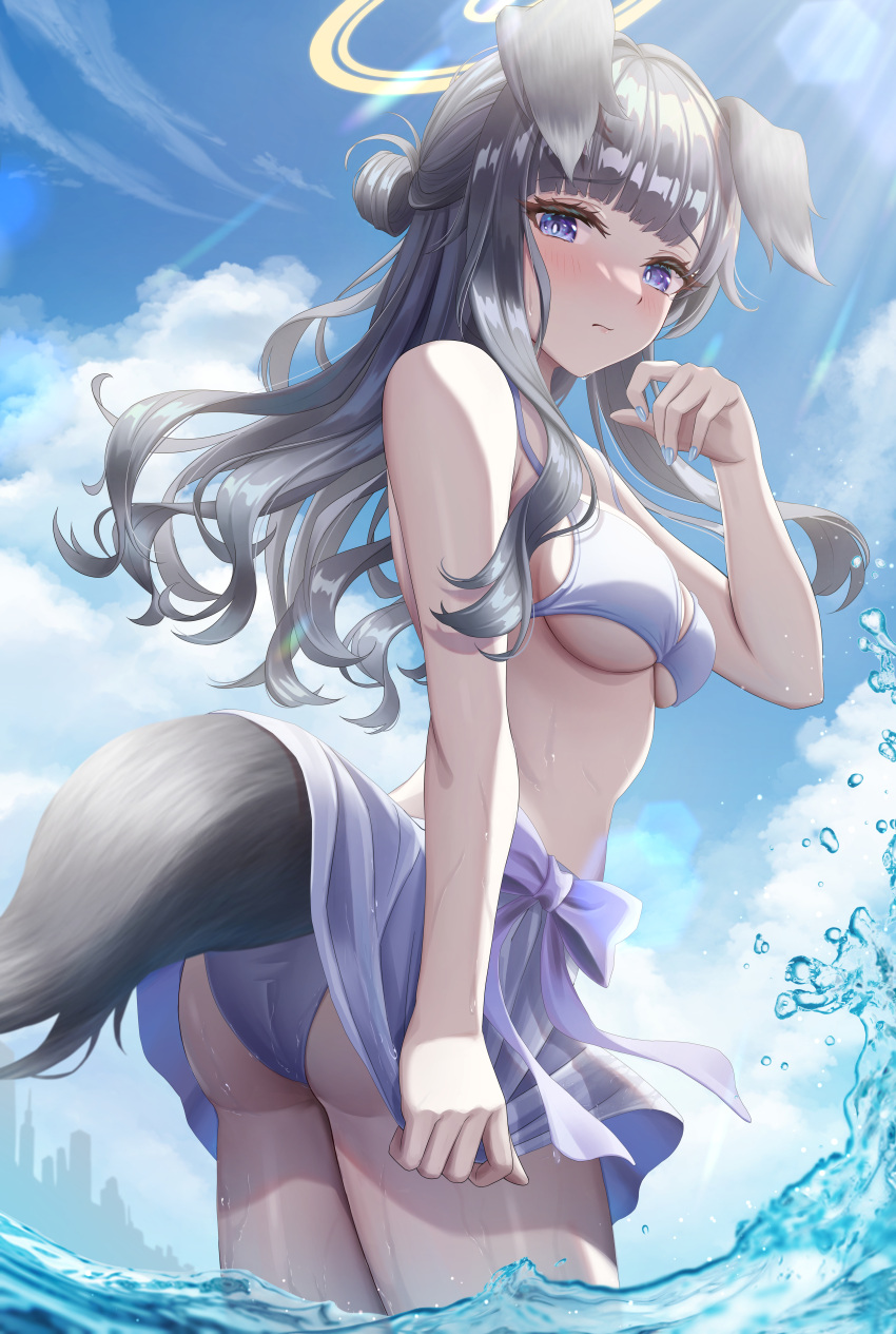 1girl absurdres animal_ears ass bikini bikini_tug black_hair blue_archive blue_nails blue_sky blush breasts closed_mouth cloud cloudy_sky commentary cowboy_shot day dog_ears dog_tail halo hand_up hibiki_(blue_archive) highres lens_flare long_hair looking_at_viewer looking_down medium_breasts mu-to ocean outdoors purple_bikini purple_eyes purple_ribbon ribbon sky solo standing sunlight swimsuit tail wading wet yellow_halo