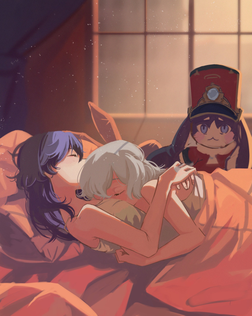 1other 2girls absurdres arms_around_back bare_arms bare_shoulders bed between_breasts blanket blue_eyes blue_hair breasts bronya_rand closed_eyes completely_nude couple cuddling girl_on_top grey_hair hair_between_eyes hand_on_another's_back head_between_breasts highres honkai:_star_rail honkai_(series) hug indoors looking_at_another lying lying_on_person multiple_girls nirtin_99 nude on_back on_bed on_stomach pillow pom-pom_(honkai:_star_rail) red_headwear seele_(honkai:_star_rail) sleeping standing window yuri