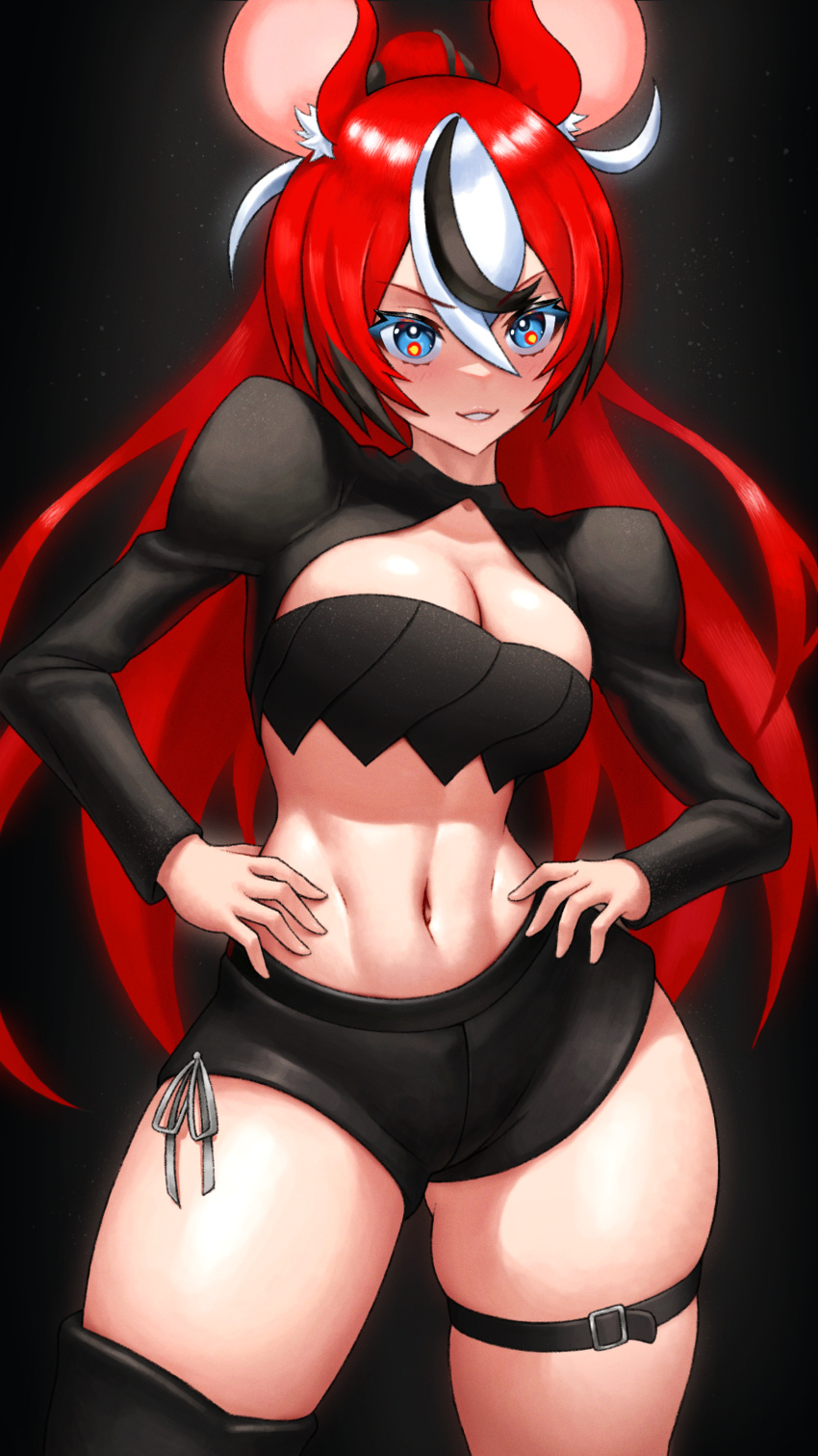 1girl absurdres animal_ear_fluff animal_ears black_background black_hair black_shirt black_shorts black_thighhighs black_tube_top blackberry_baelz blue_eyes breasts hair_between_eyes hakos_baelz hands_on_own_hips highres hololive hololive_english juliet_sleeves long_sleeves medium_breasts midriff mouse_ears mouse_girl multicolored_hair navel open_clothes open_shirt parted_lips puffy_sleeves shirt short_shorts shorts single_thighhigh skindentation skylock solo strapless streaked_hair thigh_strap thighhighs tube_top v-shaped_eyebrows virtual_youtuber