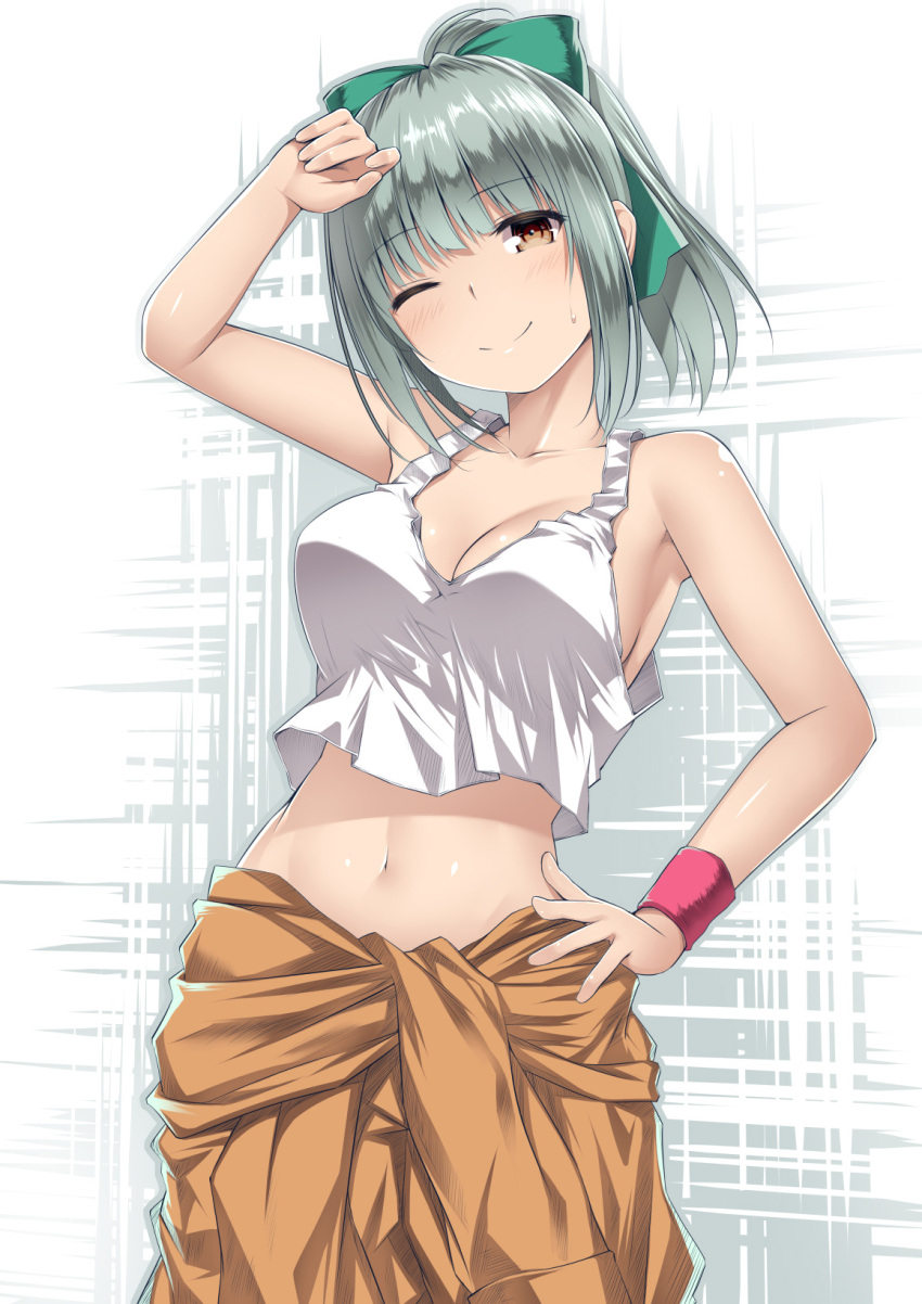 1girl bare_shoulders blush bow breasts brown_eyes cleavage cowboy_shot crop_top green_bow green_skirt hair_bow highres jumpsuit kantai_collection kuromayu looking_at_viewer medium_breasts midriff navel one_eye_closed orange_jumpsuit ponytail skirt smile solo standing tank_top white_tank_top yuubari_(kancolle)