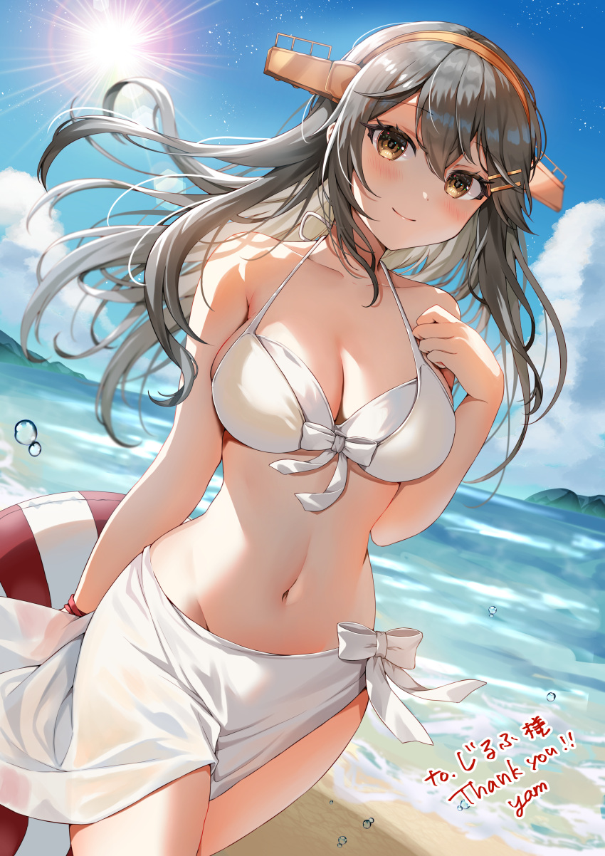 1girl absurdres bare_arms bare_shoulders bikini blue_sky blush breasts brown_eyes cleavage cloud commentary_request commission cowboy_shot day grey_hair hairband haruna_(kancolle) haruna_kai_ni_(kancolle) highres kantai_collection large_breasts long_hair looking_at_viewer navel ocean sarong skeb_commission sky smile solo standing stomach sun swimsuit thank_you thighs water white_bikini yam_(yamap_mako) yellow_hairband