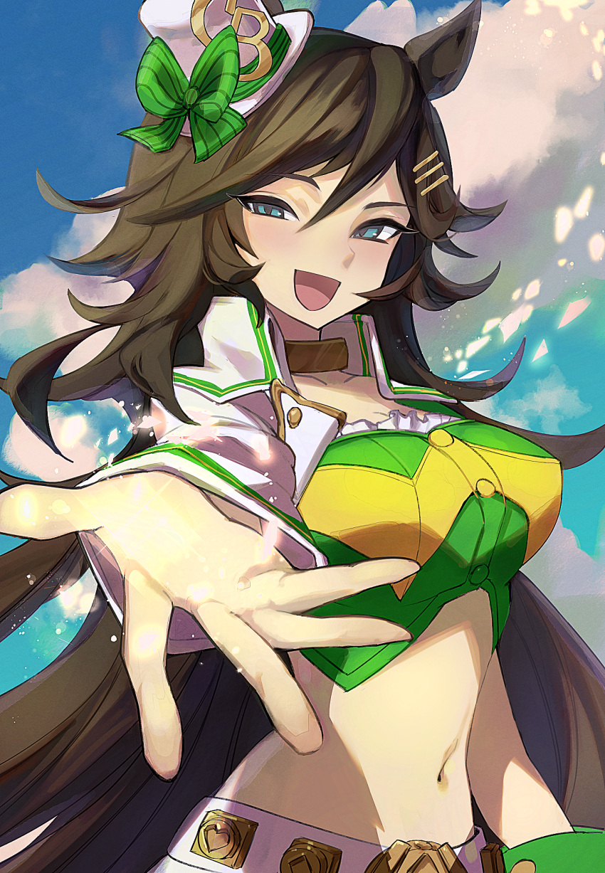 1girl :d ahoge animal_ears blue_sky breasts brown_hair choker cloud collarbone commentary cowboy_shot crop_top cropped_jacket day energy_ball green_eyes green_shirt hair_between_eyes hair_ornament hairclip hat highres horse_ears horse_girl jacket long_hair long_sleeves looking_at_viewer medium_breasts midriff mini_hat mini_top_hat mr._c.b._(umamusume) navel nerutora open_clothes open_jacket open_mouth pants reaching reaching_towards_viewer shirt sidelocks single_sleeve sky smile solo standing strapless strapless_shirt top_hat umamusume white_headwear white_jacket white_pants wrist_cuffs yellow_choker