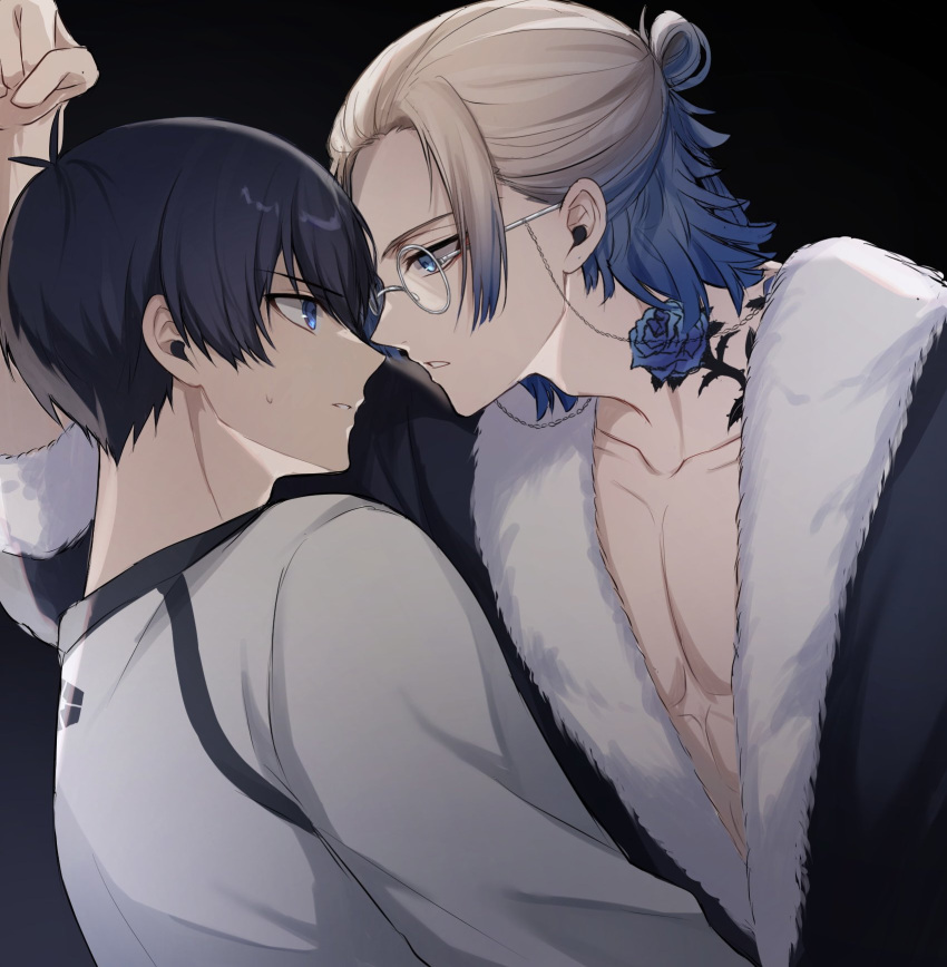 2boys black_background black_hair blonde_hair blue_eyes blue_hair blue_lock clenched_hand commentary_request eye_contact eyeshadow flower_tattoo fur_trim glasses gradient_hair hair_bun highres isagi_yoichi long_sleeves looking_at_another looking_at_viewer makeup male_focus medium_hair michael_kaiser moco_(1553561764583079936) multicolored_hair multiple_boys neck_tattoo parted_lips pectorals red_eyeshadow round_eyewear sleeves_past_elbows soccer_uniform sportswear tattoo two-tone_hair upper_body yaoi