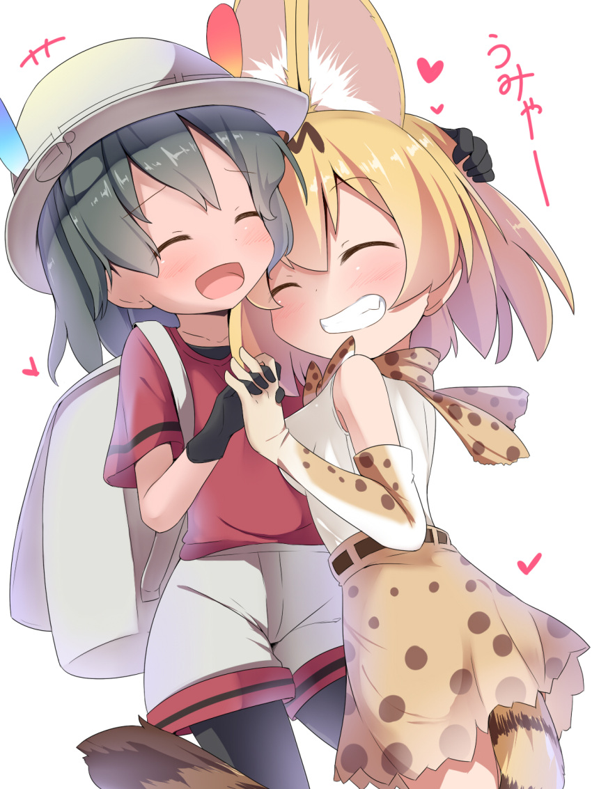 backpack blush bottomwear bow_tie clothing duo embrace feathers felid feline female female/female gloves handwear hat headgear headwear hi_res hug human kaban-chan kemono_friends makuran mammal serval serval-chan skirt tail_under_skirt