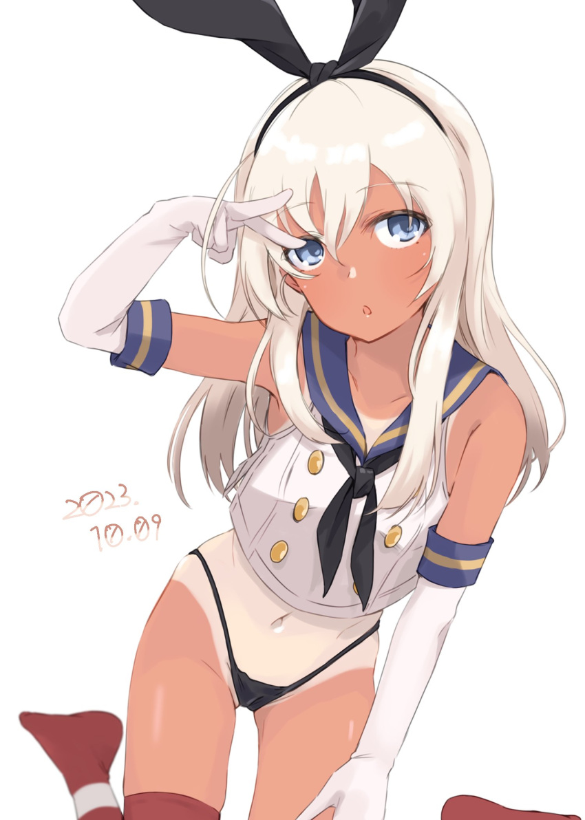 1girl alakoala black_neckerchief black_panties blue_eyes blue_sailor_collar cosplay crop_top dated elbow_gloves gloves hair_between_eyes highleg highleg_panties highres kantai_collection long_hair looking_at_viewer neckerchief one-piece_tan panties parted_lips red_thighhighs ro-500_(kancolle) sailor_collar shimakaze_(kancolle) shimakaze_(kancolle)_(cosplay) simple_background sleeveless solo striped striped_thighhighs tan tanlines thighhighs underwear v white_background white_gloves white_hair