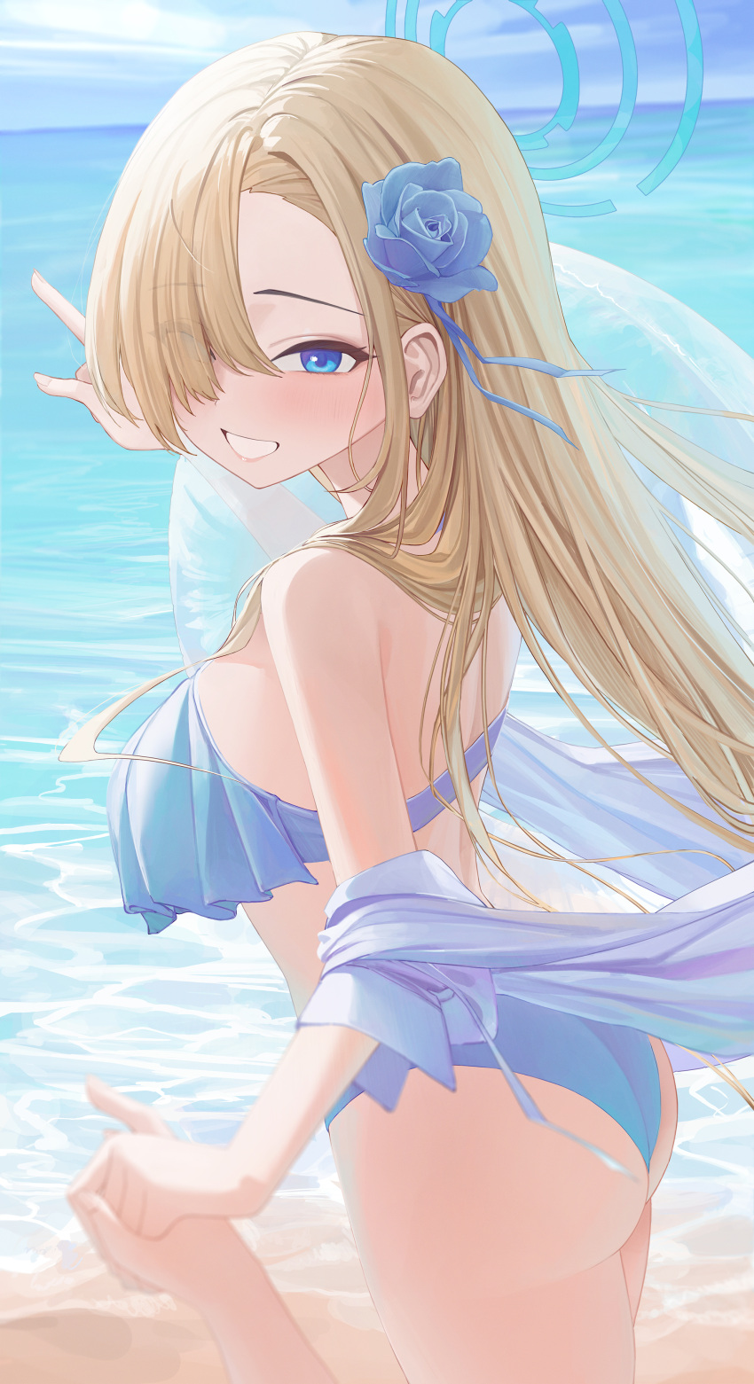 1boy 1girl absurdres alternate_costume ass asuna_(blue_archive) bare_shoulders beach bikini blonde_hair blue_archive blue_bikini blue_eyes blue_flower blue_rose blue_sky blush breasts day flower from_behind hair_flower hair_ornament hair_over_one_eye halo halterneck highres holding_hands large_breasts long_hair looking_at_viewer outdoors pointing pointing_forward rose sideboob sky smile starblue swimsuit very_long_hair water