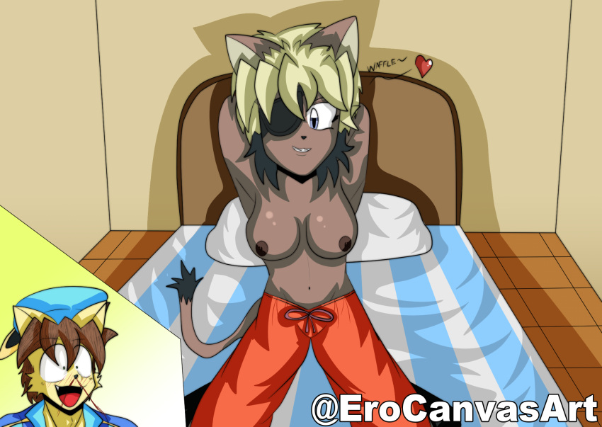 &lt;3 alicia_pris anthro areola bed bite biting_lip black_hair black_nose blonde_hair blood blush bodily_fluids bottomwear breasts brown_body brown_fur brown_hair brown_nipples canid canine caninu canis clothed clothed_male clothing cyberconnect2 dark_nipples dipstick_tail domestic_cat domestic_dog duo english_text erocanvasart eye_patch eyewear fangs felid feline felineko felis female footwear fur furniture hair hat headgear headwear hi_res inviting kemono little_tail_bronx male male/female mammal markings nipples nosebleed open_mouth pants pillow police_hat police_officer police_uniform seductive shaded shoes solatorobo surprise surprised_expression tail tail_concerto tail_markings tan_body tan_fur teeth text topless uniform waffle_ryebread
