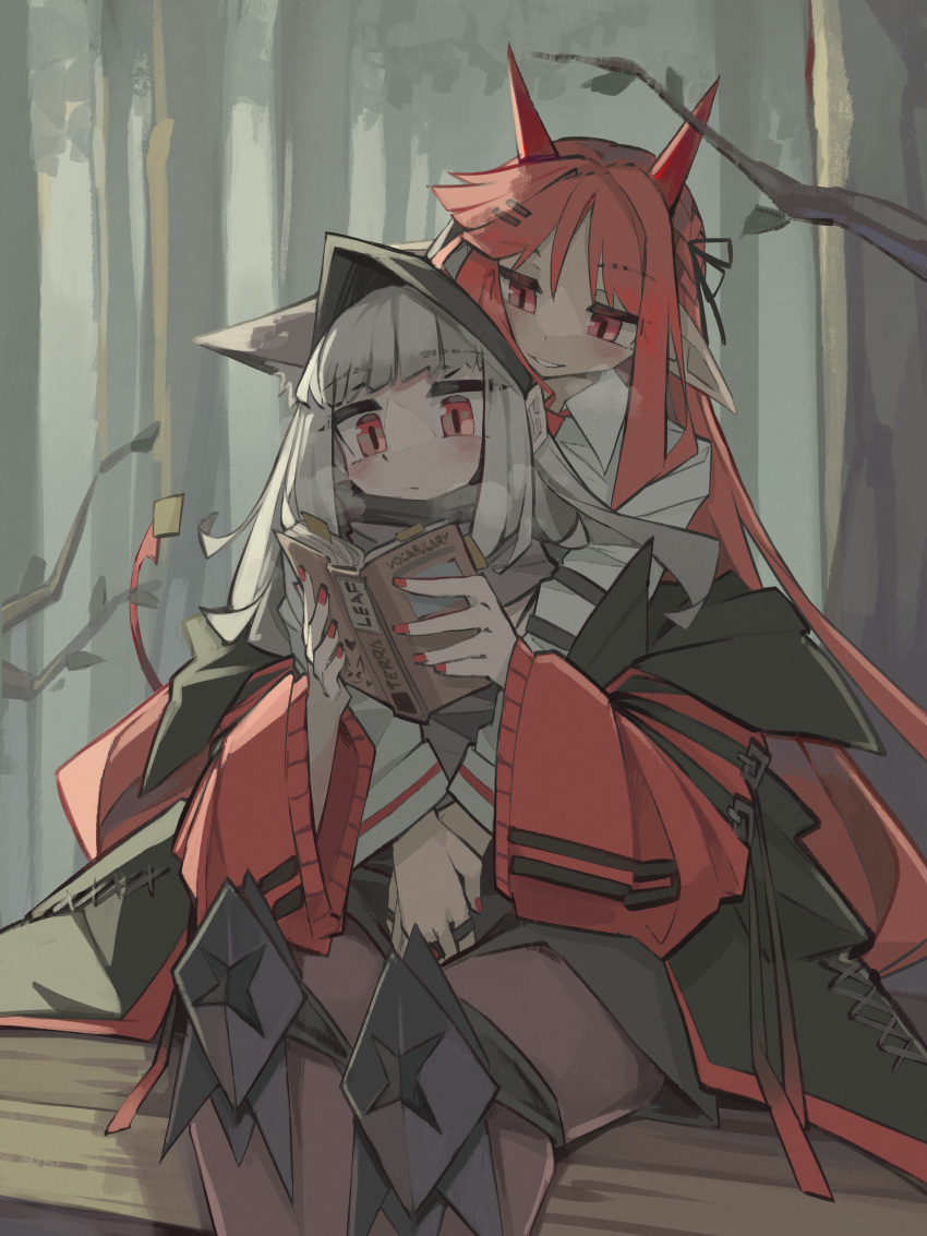 2girls absurdres animal_ear_fluff animal_ears arknights black_pantyhose blush book braid closed_mouth collared_shirt couple fox_ears fox_girl frostleaf_(arknights) grey_hair highres holding holding_book hug hug_from_behind long_hair long_sleeves multiple_girls nail_polish pantyhose parted_lips reading red_eyes red_hair red_nails shirt sidelocks togekk0 vigna_(arknights) white_shirt yuri