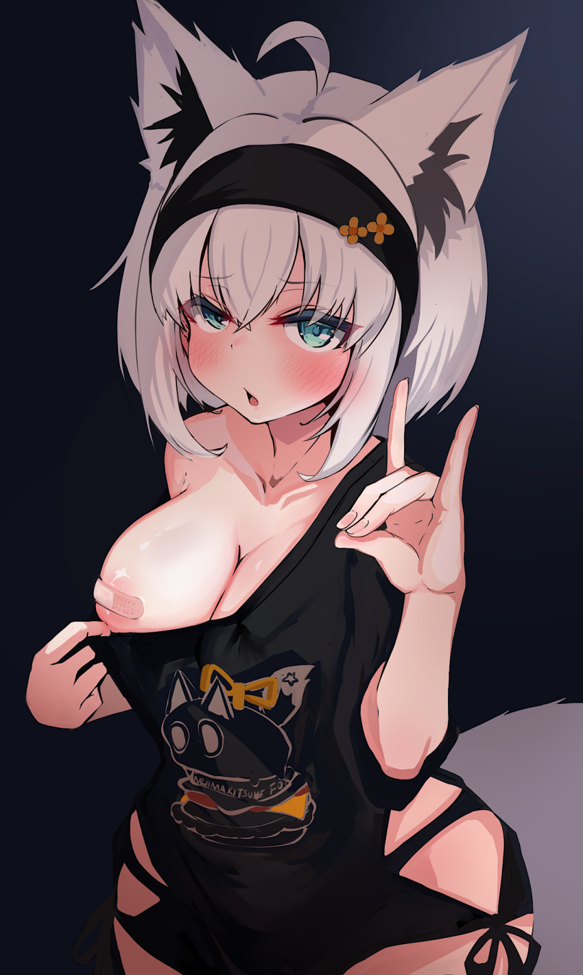 1girl ahoge animal_ears aqua_eyes areola_slip bandaid bandaids_on_nipples black_hairband black_panties black_shirt blush breasts clothes_pull double-parted_bangs embarrassed flashing fox_ears fox_girl fox_shadow_puppet grey_hair hair_between_eyes hairband highres hip_vent hololive kajimakoto large_breasts long_hair looking_at_viewer loungewear no_pants off_shoulder official_alternate_costume one_breast_out panties panty_peek pasties print_shirt pulled_by_self shirakami_fubuki shirakami_fubuki_(7th_costume) shirt shirt_pull short_sleeves single_bare_shoulder solo t-shirt underwear virtual_youtuber