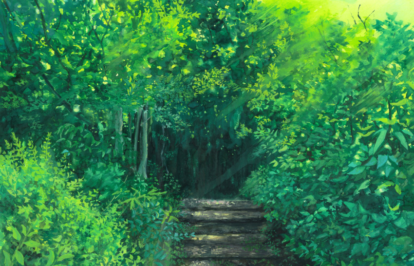 absurdres aerial_(aerial_30) bush day forest grass highres nature no_humans original painting_(medium) path plant shadow sunlight traditional_media tree tree_shade weeds