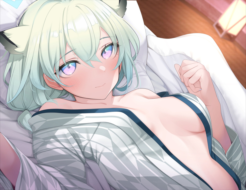 1girl animal_ears bath_yukata blue_archive blush breasts closed_mouth fed_(giba) green_hair hair_between_eyes japanese_clothes kimono long_sleeves looking_at_viewer medium_breasts medium_hair official_alternate_costume open_clothes open_kimono pillow purple_eyes shigure_(blue_archive) shigure_(hot_spring)_(blue_archive) solo upper_body weasel_ears yukata