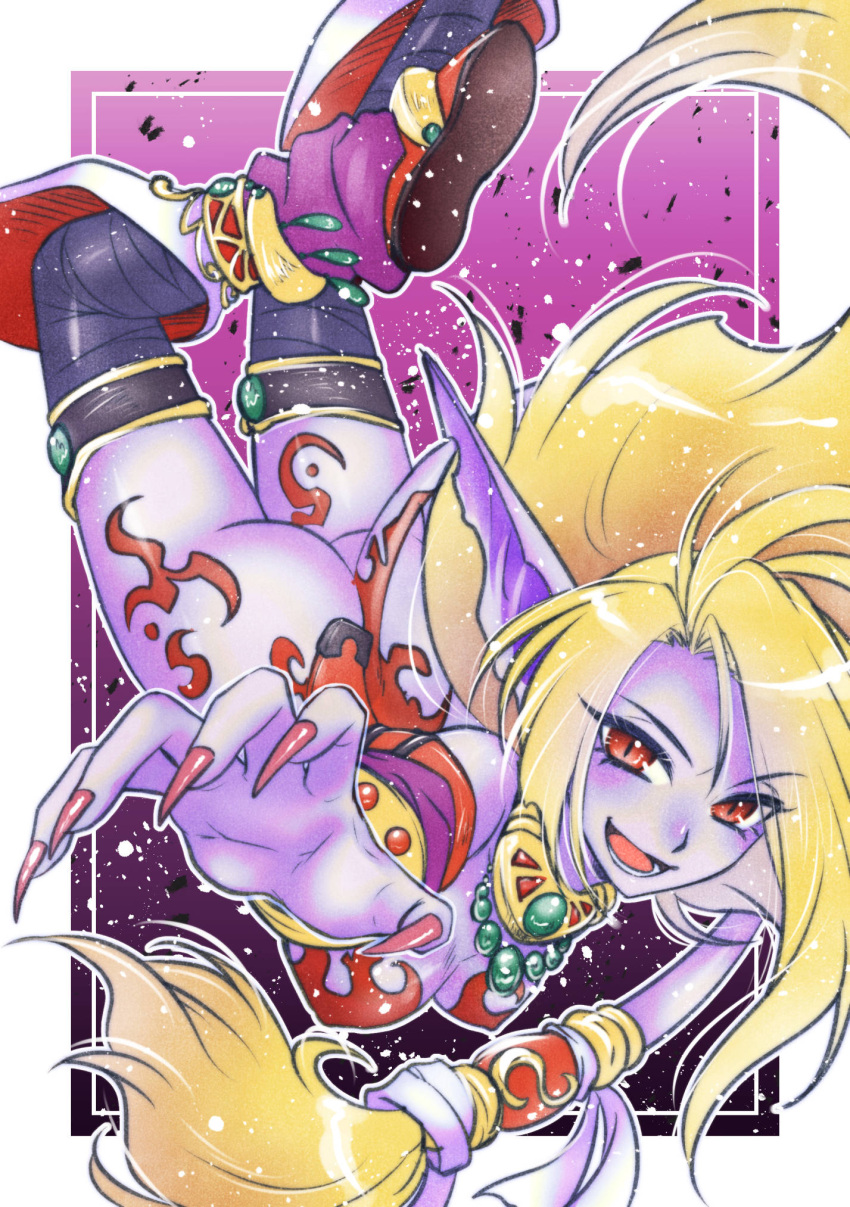 1girl animal_ears ao_(yashuring) ass blonde_hair breasts breath_of_fire breath_of_fire_ii colored_skin commission earrings full_body highres jewelry long_hair looking_at_viewer open_mouth pointy_ears purple_skin red_eyes rinpoo_chuan skeb_commission smile solo tail very_long_hair