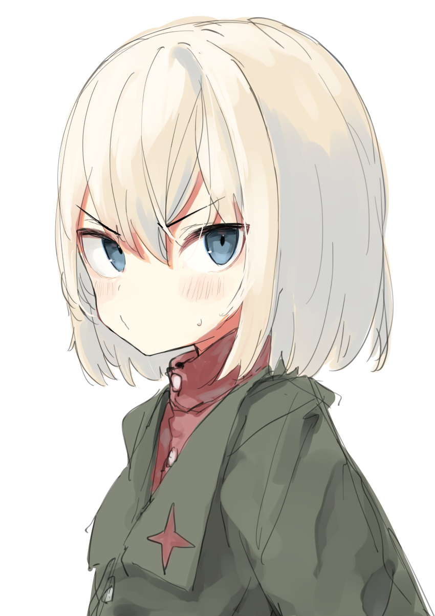 1girl absurdres blonde_hair blue_eyes blush bob_cut closed_mouth gingerbullet girls_und_panzer green_jacket highres jacket katyusha_(girls_und_panzer) looking_at_viewer medium_hair pravda_school_uniform school_uniform simple_background sketch solo sweat upper_body