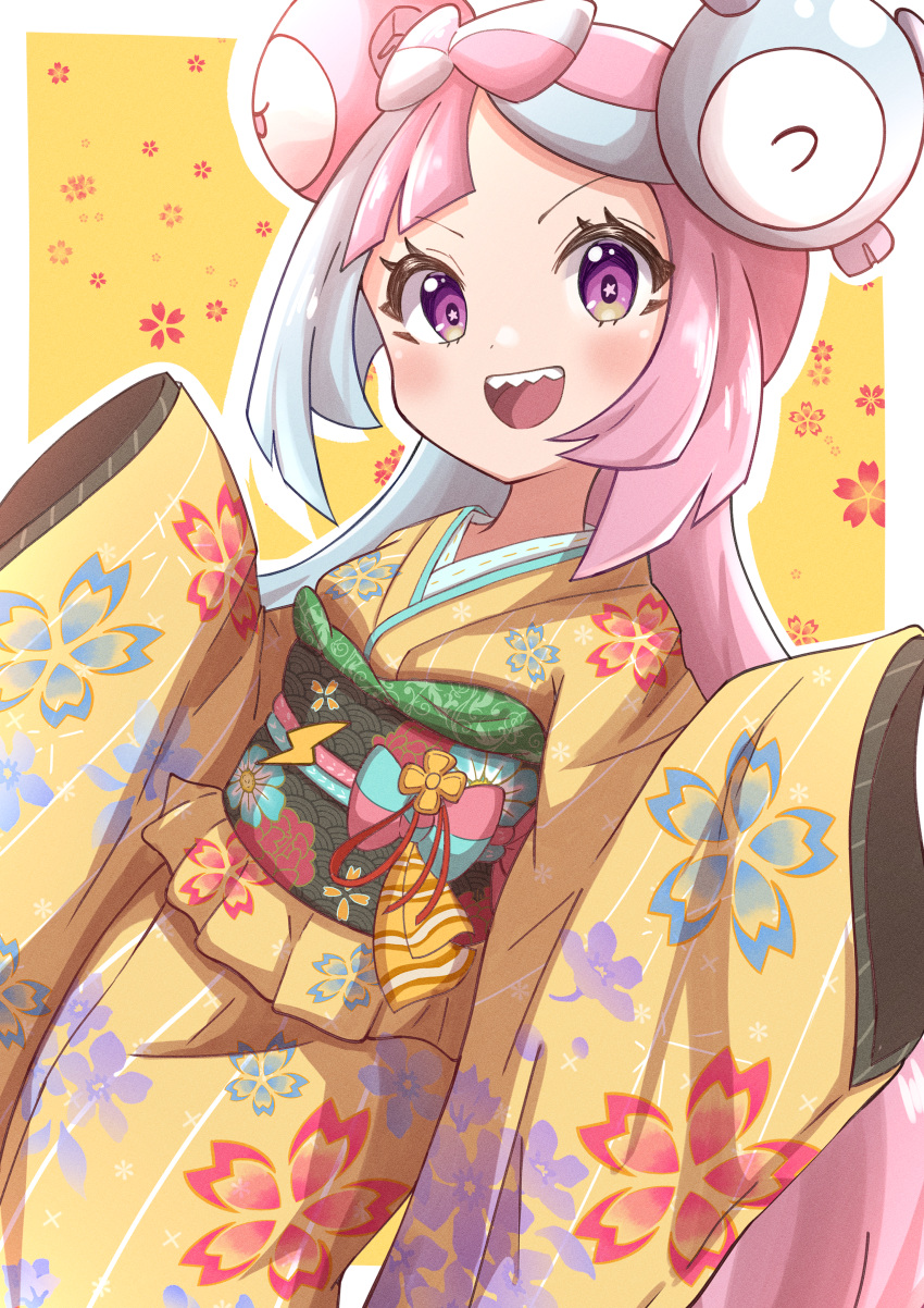 1girl absurdres alternate_costume fingernails grey_hair highres iono_(pokemon) japanese_clothes kimono long_hair multicolored_hair open_mouth pink_hair pokemon pokemon_(game) pokemon_sv purple_eyes rono_(lethys) sharp_fingernails solo star-shaped_pupils star_(symbol) symbol-shaped_pupils teeth two-tone_hair upper_teeth_only