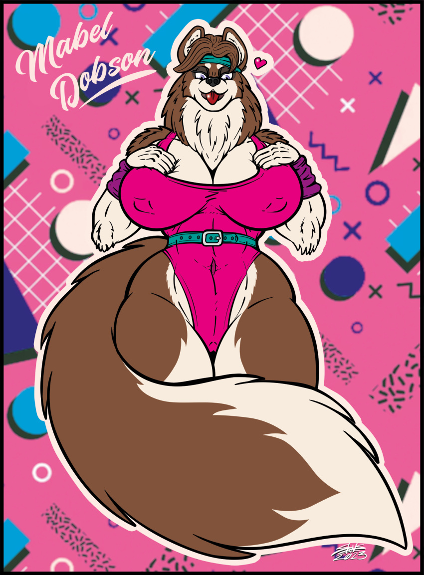 80's_theme accessory aerobics_clothing anthro athletic athletic_female big_breasts black_border blep blue_eyes border breasts brown_body canid canine canis clothing domestic_dog female finnish_lapphund flat_colors fluffy fluffy_tail fur headband hi_res holding_breast hybrid lapphund leotard mabel_dobson mammal multicolored_body multicolored_fur neck_tuft nipple_outline pink_clothing pressing_breasts_together skianous solo spitz tail thick_thighs tongue tongue_out tuft two_tone_body two_tone_fur wide_hips wolf wolfdog wristband
