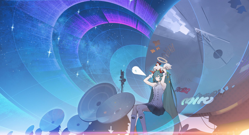 1girl animal_on_head aqua_hair arms_up bird boots breasts character_name chicken closed_eyes closed_mouth dated diffraction_spikes dress gloves hatsune_miku highres horns long_hair noki_0x3 on_head satellite_dish sitting sleeveless sleeveless_dress small_breasts smile solo twintails very_long_hair vocaloid white_footwear