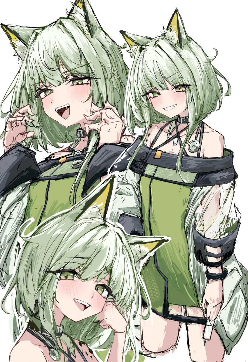 1girl absurdres animal_ear_fluff animal_ears arknights bare_shoulders black_choker blue_dress blush cat_ears cat_girl chinese_commentary choker claw_pose closed_mouth commentary dress fang green_eyes green_hair hands_up head_rest highres holding holding_syringe kal'tsit_(arknights) looking_at_viewer off-shoulder_dress off_shoulder open_mouth oripathy_lesion_(arknights) see-through see-through_sleeves short_hair_with_long_locks sidelocks simple_background smile stethoscope syringe teeth tobildesu upper_teeth_only white_background