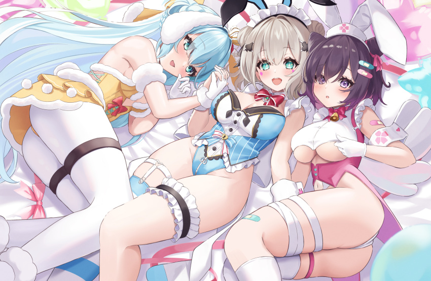 +_+ 3girls animal_ears aqua_eyes armband ass azur_lane bandaged_leg bandages bandaid bandaid_hair_ornament bandaid_on_arm bandaid_on_leg bare_shoulders bell blue_hair blue_leotard breasts cleavage clothing_cutout club_hair_ornament commentary_request double_bun dress elegant_(sumisumi4268) fake_animal_ears gloves hair_bun hair_ornament hair_over_one_eye hat highres holding_hands interlocked_fingers janus_(azur_lane) jervis_(azur_lane) large_breasts leotard light_brown_hair long_hair looking_at_viewer lying maid_headdress manchester_(azur_lane) multiple_girls navel navel_cutout neck_bell neck_ribbon nurse_cap on_back on_stomach open_mouth pantyhose playboy_bunny purple_eyes purple_hair rabbit_ears red_ribbon ribbon short_hair smile spade_hair_ornament swept_bangs tailcoat_playboy_bunny thigh_garter thigh_strap thighs underboob_cutout very_long_hair white_dress white_gloves white_pantyhose