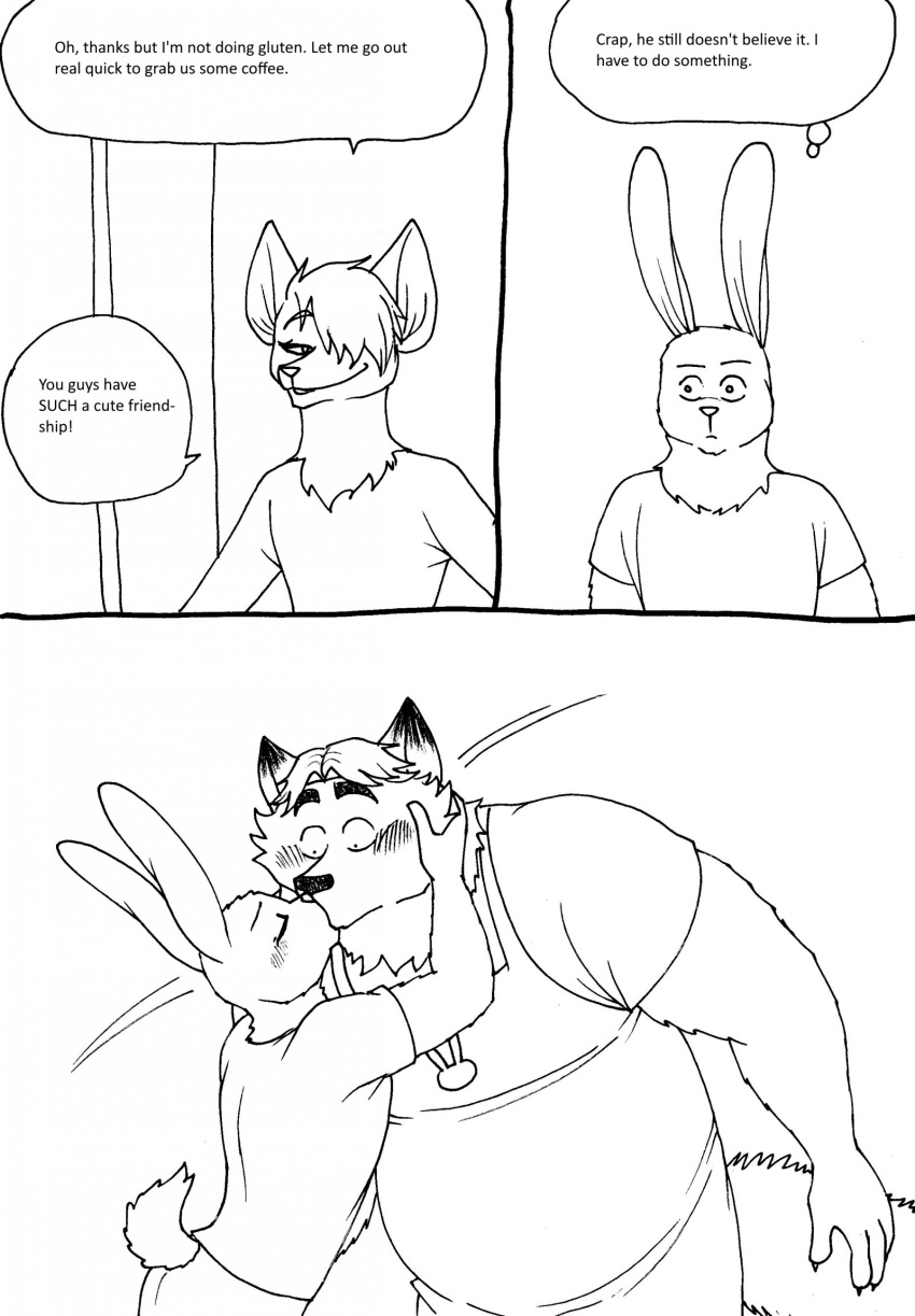 2023 anthro apron bernielover blush canid canine clothing comic dialogue disney duo english_text eyes_closed fan_character fox gideon_grey hi_res humanoid_hands kissing lagomorph leporid male mammal overweight overweight_male rabbit shirt text topwear zootopia