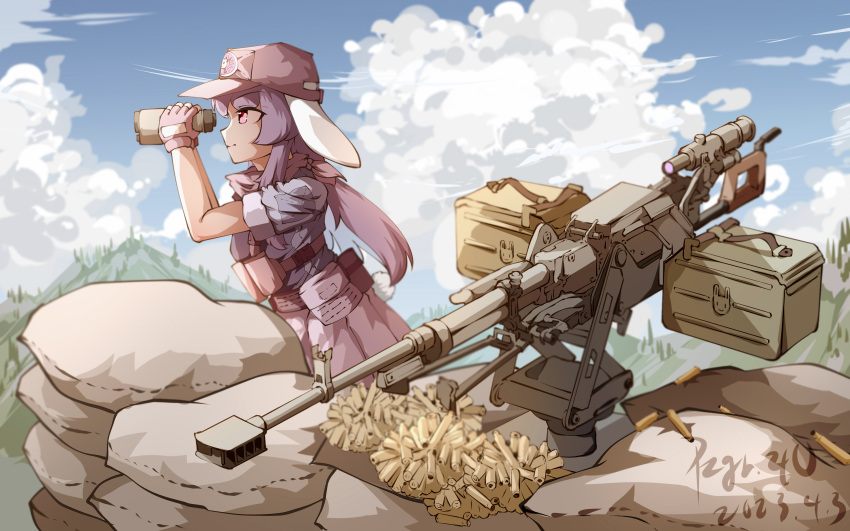 1girl absurdres alternate_costume animal_ears binoculars blue_sky brown_headwear chinese_commentary cloud commentary_request dated from_side gun heavy_machine_gun highres holding holding_binoculars kord_6p50 long_hair machine_gun outdoors purple_hair pzgr.40 rabbit_ears rabbit_girl reisen_udongein_inaba signature sky solo tactical_clothes touhou weapon