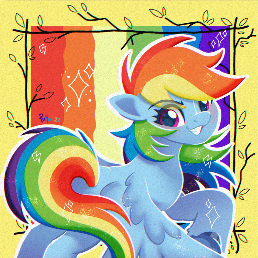 highres looking_at_viewer my_little_pony my_little_pony:_friendship_is_magic outline outside_border pink_eyes pony_(animal) puyonifyyyc rainbow_background rainbow_dash solo teeth white_outline