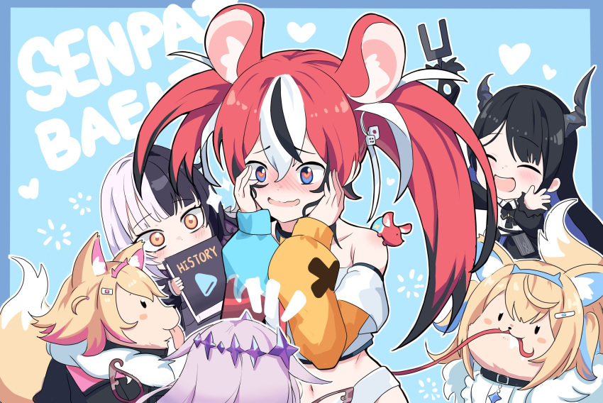 6+girls aged_down animal_ears animalization black_hair blonde_hair blue_background blush book cafelittle detached_sleeves dog fuwawa_abyssgard grey_hair hakos_baelz hakos_baelz_(1st_costume) hands_on_own_face heart heart-shaped_pupils highres holding holding_book hololive hololive_english horns koseki_bijou mococo_abyssgard mouse_ears mouse_girl mouse_tail mouth_hold mr._squeaks_(hakos_baelz) multicolored_hair multiple_girls nerissa_ravencroft red_hair shiori_novella siblings sisters split-color_hair streaked_hair symbol-shaped_pupils tail tongue tongue_out twins twintails uneven_twintails virtual_youtuber white_hair