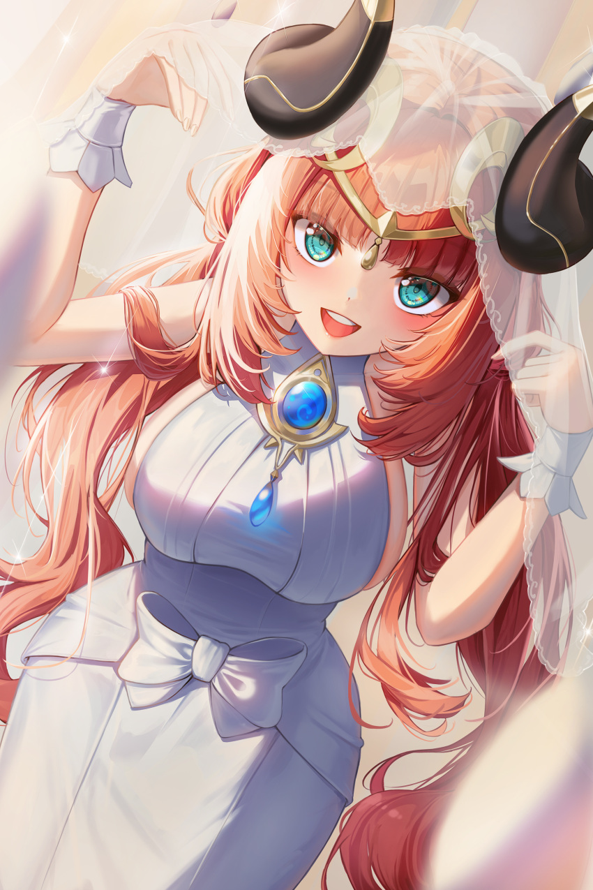 absurdres alternate_costume aqua_eyes breasts bridal_veil dress genshin_impact haires highres horns large_breasts long_hair looking_at_viewer nilou_(genshin_impact) open_mouth red_hair sideboob smile teeth upper_teeth_only veil very_long_hair wedding_dress white_dress wrist_cuffs