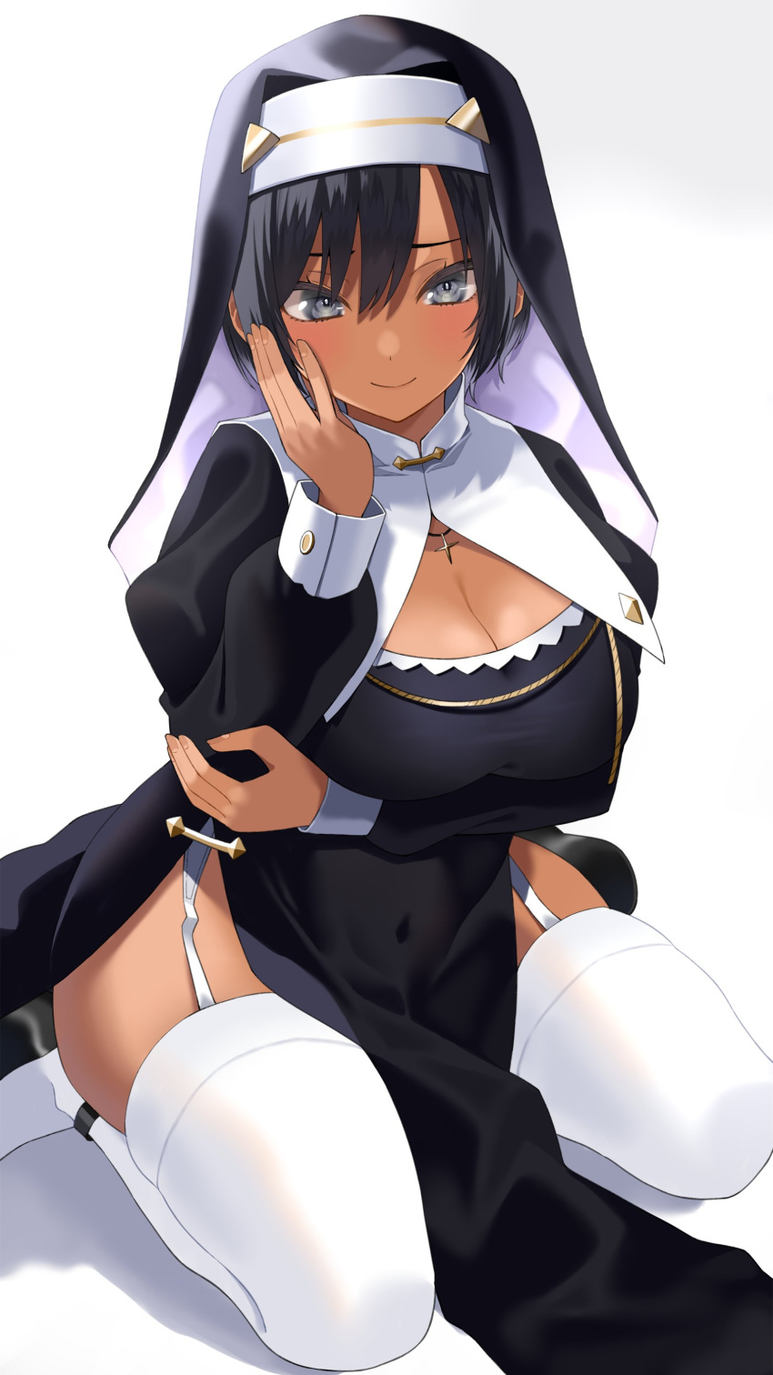 1girl absurdres black_dress black_hair blue_eyes blush breasts catholic cleavage cross cross_necklace dark_skin dress gomashi_(goma) grey_eyes habit hair_between_eyes highres jewelry latin_cross long_sleeves looking_at_viewer medium_breasts necklace nun original pelvic_curtain priest short_hair simple_background sitting smile solo thighhighs wariza