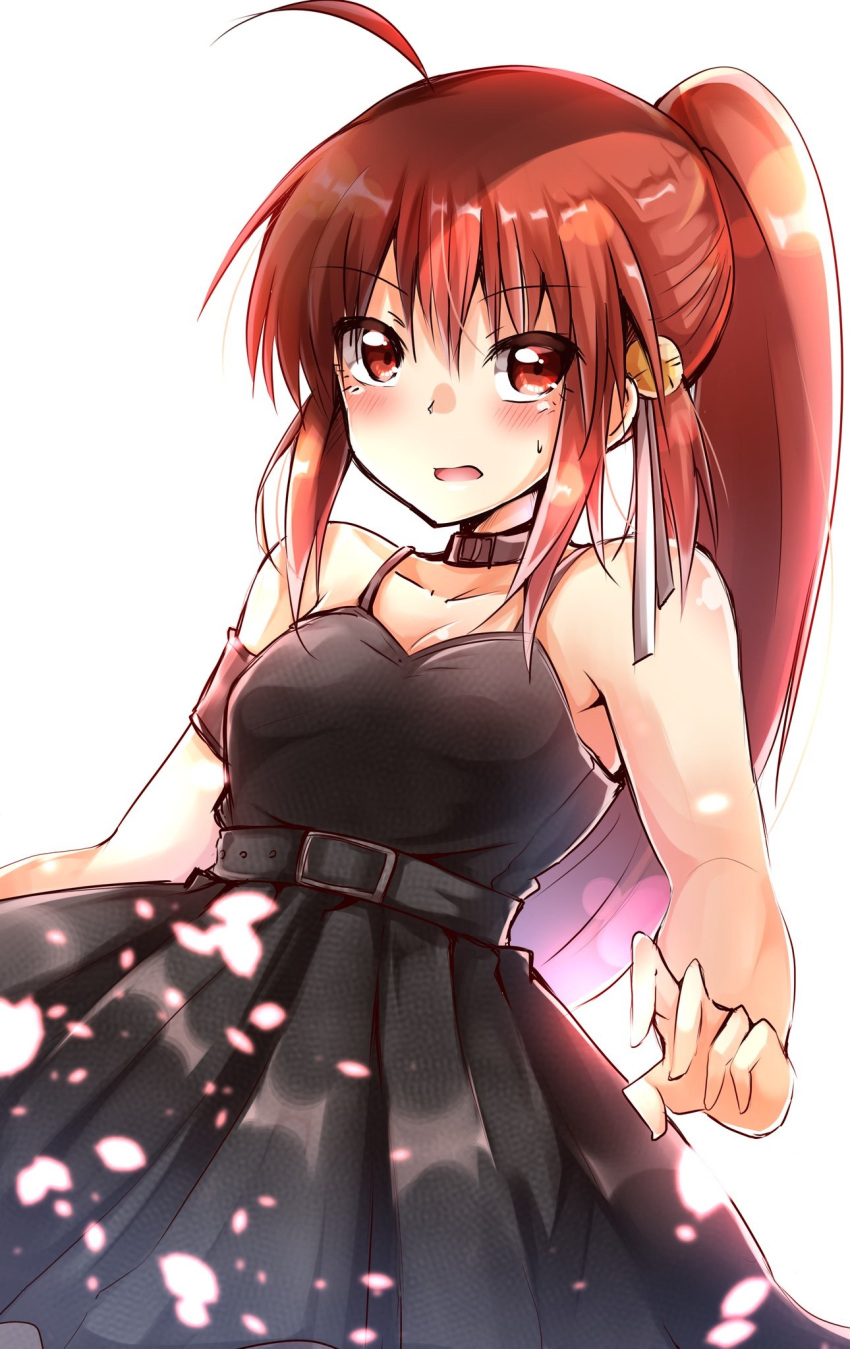 1girl ahoge alternate_costume arm_strap bare_arms bell black_choker black_dress blush breasts brown_hair choker cleavage commentary_request cowboy_shot dress eyes_visible_through_hair frown hair_bell hair_between_eyes hair_ornament hair_ribbon highres jingle_bell little_busters! long_hair looking_at_viewer natsume_rin open_mouth ponytail red_eyes ribbon shinonome_mozuku sidelocks simple_background sleeveless sleeveless_dress small_breasts solo standing straight_hair sweat sweatdrop very_long_hair white_background white_ribbon