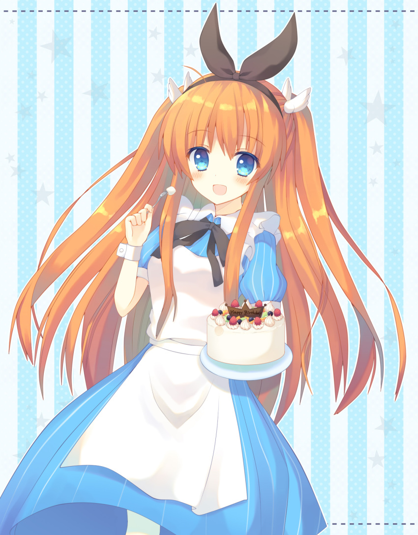 1girl :d aiyan alice_(alice_in_wonderland) alice_(alice_in_wonderland)_(cosplay) alice_in_wonderland apron birthday_cake black_ribbon blue_background blue_dress blue_eyes blush breasts cake colored_eyelashes commentary_request cosplay cowboy_shot dress english_text eyes_visible_through_hair floating_hair food fork frilled_apron frills fruit hair_between_eyes hair_ribbon hand_up happy highres holding holding_fork holding_tray long_dress long_hair looking_at_viewer medium_breasts ootori_chihaya open_mouth orange_hair pinstripe_dress pinstripe_pattern puffy_short_sleeves puffy_sleeves rewrite ribbon short_sleeves sidelocks simple_background smile solo standing star_(symbol) straight-on straight_hair strawberry striped striped_background tray two_side_up very_long_hair white_apron white_wrist_cuffs wing_hair_ornament