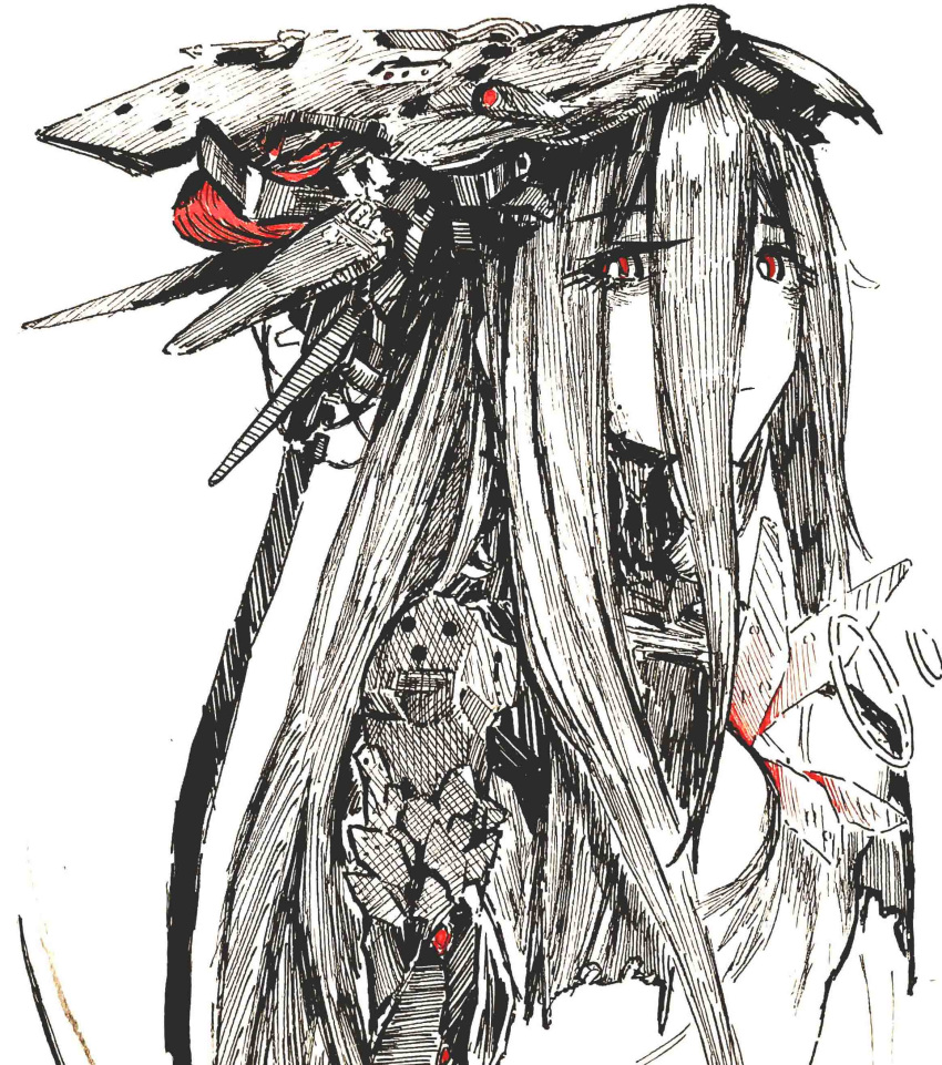 1girl absurdres hair_between_eyes headgear highres lamia_(punishing:_gray_raven) long_hair mechanical_parts monochrome punishing:_gray_raven red_eyes shiokaze1409 sidelocks spot_color white_background