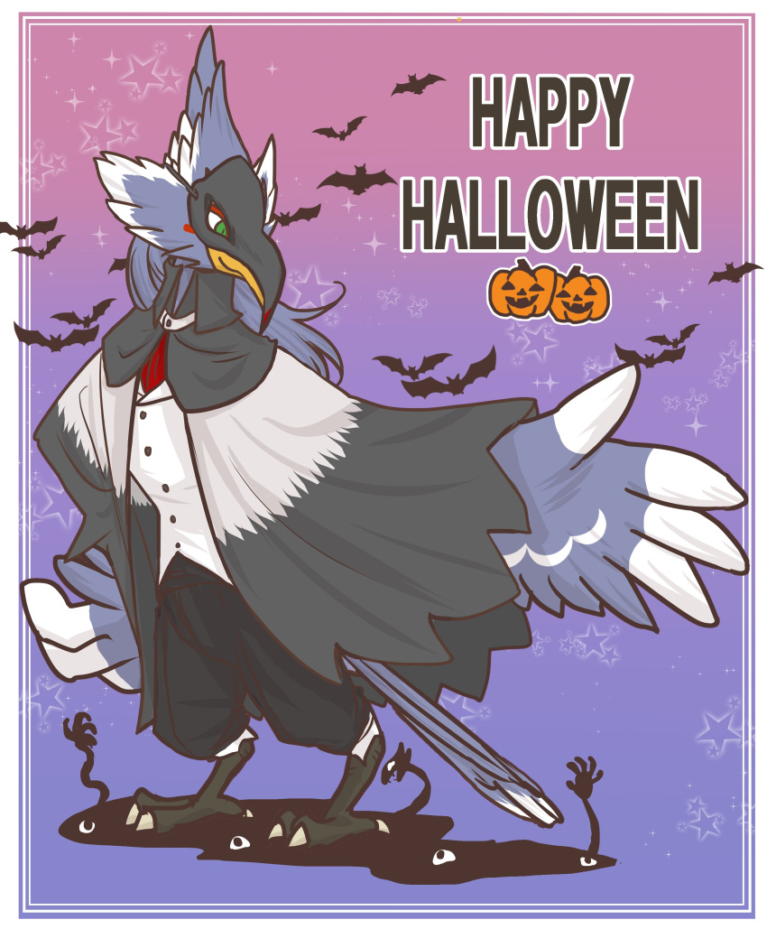 absurd_res anthro avian bat beak blue_body blue_feathers breath_of_the_wild chocolate_muffins cloak clothing english_text feathers flapping_wings flying green_eyes hair halloween halloween_costume hi_res holidays long_hair male mammal mask nintendo revali rito solo talons text the_legend_of_zelda wings