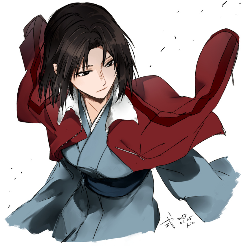 1girl blue_kimono brown_eyes brown_hair commentary_request cropped_legs expressionless highres jacket japanese_clothes kara_no_kyoukai kimono long_sleeves looking_to_the_side obi red_jacket ribbon ryougi_shiki sash short_hair signature simple_background sofy solo white_background