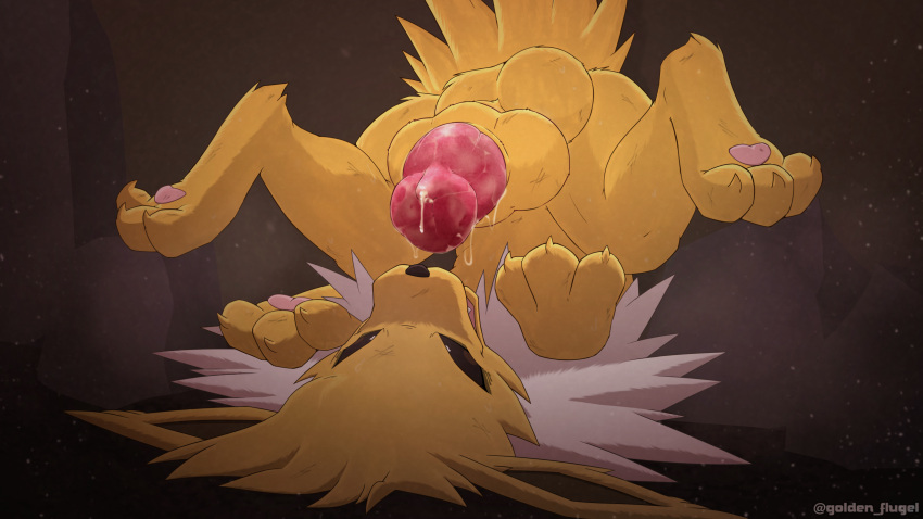 anatomically_correct anatomically_correct_genitalia anatomically_correct_penis animal_genitalia balls big_knot big_penis bodily_fluids canid canine cave cum cum_drip cum_on_penis dirty_fur dripping eeveelution feral generation_1_pokemon genital_fluids genitals hi_res jolteon jolteon_(vogold) knot knot_in_sheath looking_at_viewer male mammal messy nintendo paws penis pokemon pokemon_(species) presenting sheath solo sweat upside_down vogold