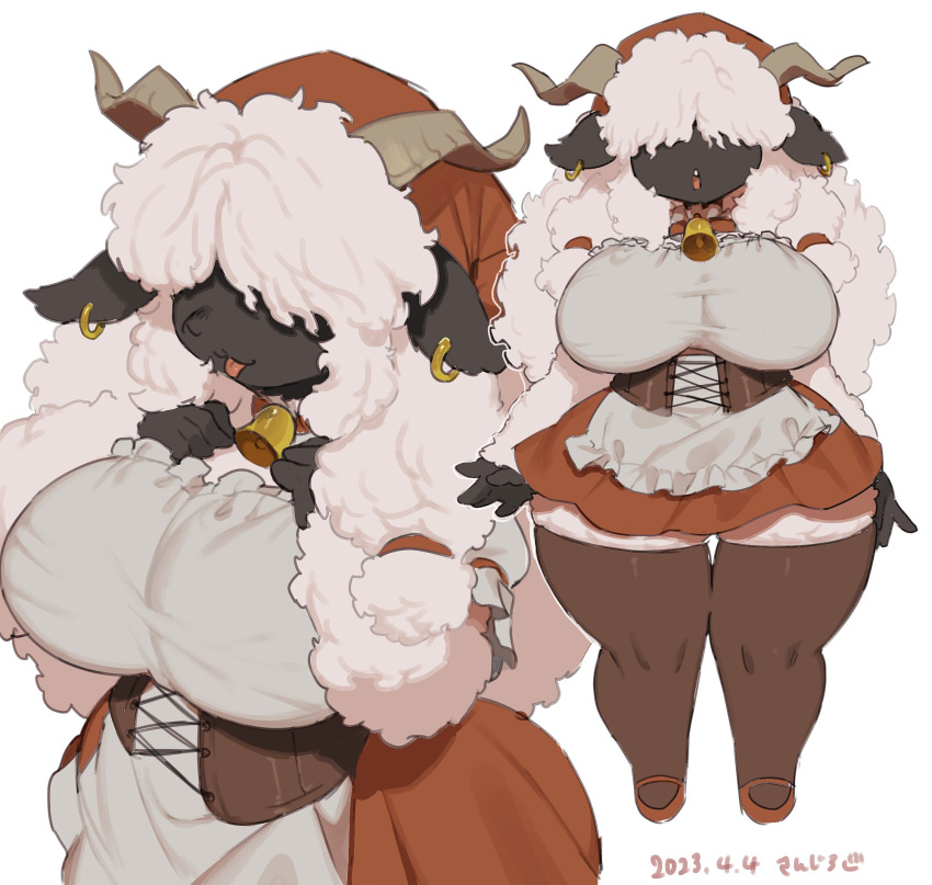 anthro bell bell_collar big_breasts blep bovid breasts caprine clothed clothing collar cowbell domestic_sheep dress ear_piercing ear_ring female fully_clothed hair hat headgear headwear hi_res horn kaeritai07 legwear mammal piercing ring_piercing sheep short_stack solo stockings thick_thighs thigh_highs tongue tongue_out white_hair wide_hips