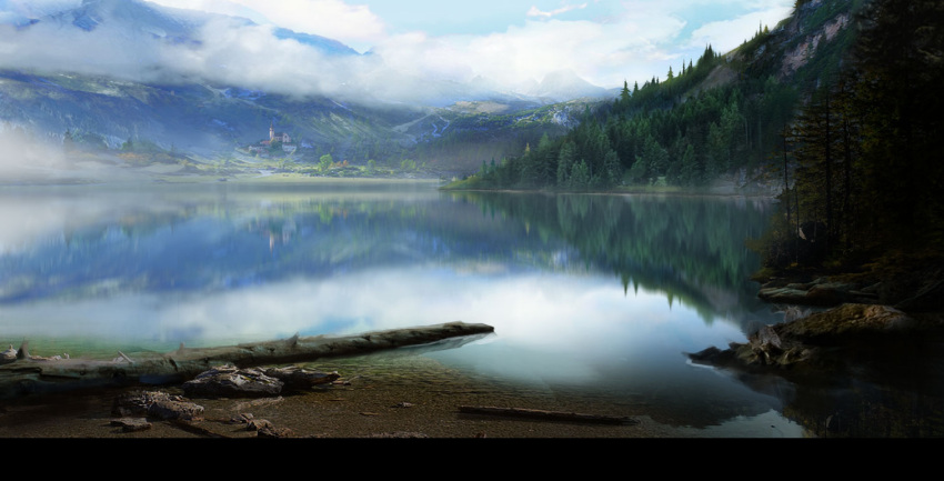 beach cloud commentary_request day forest haru_akira lake landscape letterboxed log mountain nature no_humans original outdoors reflection scenery sky tree